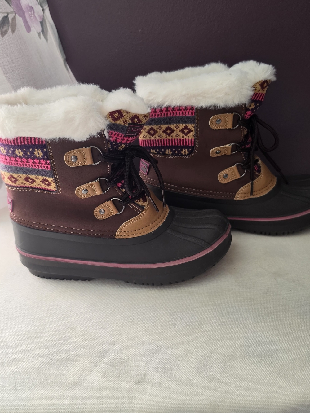 London Fog Brown and Pink Kids Snow Boots with Faux Fur Collar